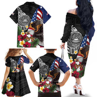 United States and American Samoa Family Matching Off The Shoulder Long Sleeve Dress and Hawaiian Shirt USA Flag Eagle With Seal Tropical Flowers
