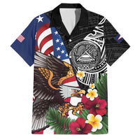 United States and American Samoa Family Matching Off Shoulder Maxi Dress and Hawaiian Shirt USA Flag Eagle With Seal Tropical Flowers