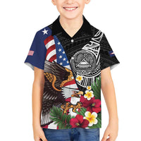 United States and American Samoa Family Matching Off Shoulder Short Dress and Hawaiian Shirt USA Flag Eagle With Seal Tropical Flowers