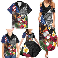 United States and American Samoa Family Matching Summer Maxi Dress and Hawaiian Shirt USA Flag Eagle With Seal Tropical Flowers