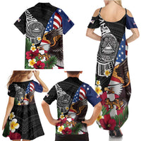 United States and American Samoa Family Matching Summer Maxi Dress and Hawaiian Shirt USA Flag Eagle With Seal Tropical Flowers