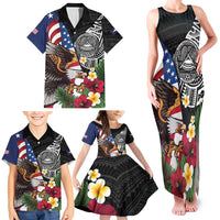 United States and American Samoa Family Matching Tank Maxi Dress and Hawaiian Shirt USA Flag Eagle With Seal Tropical Flowers