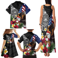 United States and American Samoa Family Matching Tank Maxi Dress and Hawaiian Shirt USA Flag Eagle With Seal Tropical Flowers