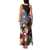 United States and American Samoa Family Matching Tank Maxi Dress and Hawaiian Shirt USA Flag Eagle With Seal Tropical Flowers