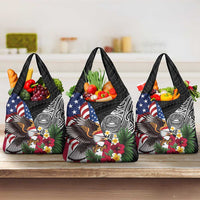 United States and American Samoa Grocery Bag USA Flag Eagle With Seal Tropical Flowers