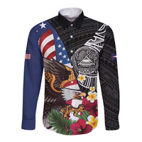 United States and American Samoa Long Sleeve Button Shirt USA Flag Eagle With Seal Tropical Flowers