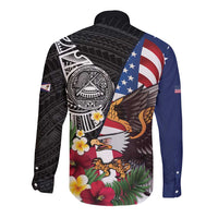 United States and American Samoa Long Sleeve Button Shirt USA Flag Eagle With Seal Tropical Flowers