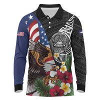 United States and American Samoa Long Sleeve Polo Shirt USA Flag Eagle With Seal Tropical Flowers