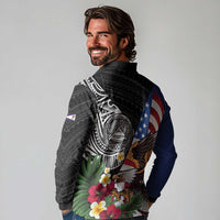 United States and American Samoa Long Sleeve Polo Shirt USA Flag Eagle With Seal Tropical Flowers