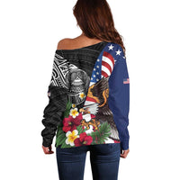 United States and American Samoa Off Shoulder Sweater USA Flag Eagle With Seal Tropical Flowers