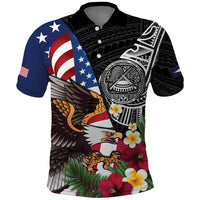 United States and American Samoa Polo Shirt USA Flag Eagle With Seal Tropical Flowers