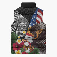 United States and American Samoa Sleeveless Puffer Jacket USA Flag Eagle With Seal Tropical Flowers