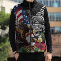 United States and American Samoa Sleeveless Puffer Jacket USA Flag Eagle With Seal Tropical Flowers