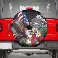 United States and American Samoa Spare Tire Cover USA Flag Eagle With Seal Tropical Flowers