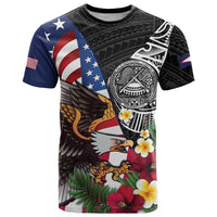 United States and American Samoa T Shirt USA Flag Eagle With Seal Tropical Flowers