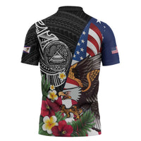United States and American Samoa Zipper Polo Shirt USA Flag Eagle With Seal Tropical Flowers