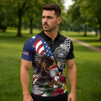 United States and American Samoa Zipper Polo Shirt USA Flag Eagle With Seal Tropical Flowers
