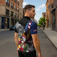 United States and American Samoa Zipper Polo Shirt USA Flag Eagle With Seal Tropical Flowers