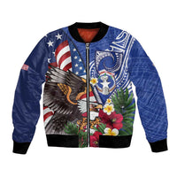 United States and Northern Mariana Islands Bomber Jacket USA Flag Eagle CNMI Latte Stone Tropical Flowers LT14 Unisex Blue - Polynesian Pride