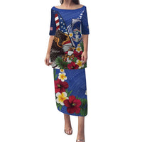 United States and Northern Mariana Islands Family Matching Puletasi and Hawaiian Shirt USA Flag Eagle CNMI Latte Stone Tropical Flowers