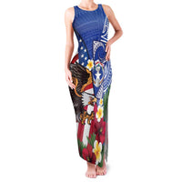 United States and Northern Mariana Islands Family Matching Tank Maxi Dress and Hawaiian Shirt USA Flag Eagle CNMI Latte Stone Tropical Flowers