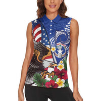 United States and Northern Mariana Islands Women Sleeveless Polo Shirt USA Flag Eagle CNMI Latte Stone Tropical Flowers