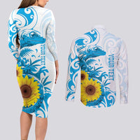 New Zealand Autism Awareness Month Couples Matching Long Sleeve Bodycon Dress and Long Sleeve Button Shirt Takiwatanga Maori Lizard With Sunflower