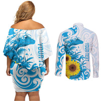 New Zealand Autism Awareness Month Couples Matching Off Shoulder Short Dress and Long Sleeve Button Shirt Takiwatanga Maori Lizard With Sunflower