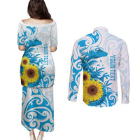 New Zealand Autism Awareness Month Couples Matching Puletasi and Long Sleeve Button Shirt Takiwatanga Maori Lizard With Sunflower