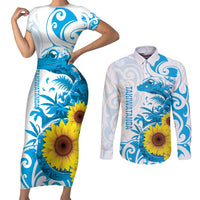 New Zealand Autism Awareness Month Couples Matching Short Sleeve Bodycon Dress and Long Sleeve Button Shirt Takiwatanga Maori Lizard With Sunflower