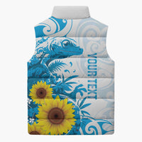 New Zealand Autism Awareness Month Sleeveless Puffer Jacket Takiwatanga Maori Lizard With Sunflower - Polynesian Pride