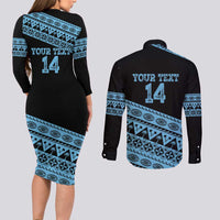 Fiji Rugby 2025 Custom Couples Matching Long Sleeve Bodycon Dress and Long Sleeve Button Shirt Fijian Tapa Toso Viti Toso - Black