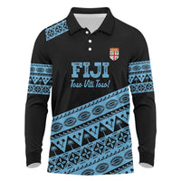 Fiji Rugby 2025 Custom Long Sleeve Polo Shirt Fijian Tapa Toso Viti Toso - Black
