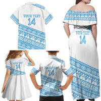 Fiji Rugby 2025 Custom Family Matching Off Shoulder Maxi Dress and Hawaiian Shirt Fijian Tapa Toso Viti Toso - White