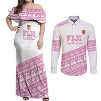 Fiji Rugby 2025 Custom Couples Matching Off Shoulder Maxi Dress and Long Sleeve Button Shirt Fijian Tapa Toso Viti Toso - Pink