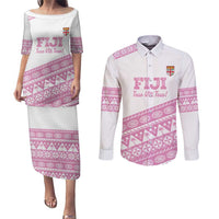 Fiji Rugby 2025 Custom Couples Matching Puletasi and Long Sleeve Button Shirt Fijian Tapa Toso Viti Toso - Pink