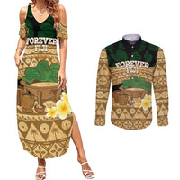 Bula Fiji Kava Bowl Couples Matching Summer Maxi Dress and Long Sleeve Button Shirt Fijian Tapa Cloth Vintage Vibe