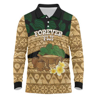 Bula Fiji Kava Bowl Long Sleeve Polo Shirt Fijian Tapa Cloth Vintage Vibe