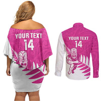 New Zealand Silver Fern Rugby Custom Couples Matching Off Shoulder Short Dress and Long Sleeve Button Shirt Go All Black Maori Pink Version