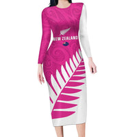 New Zealand Silver Fern Rugby Custom Family Matching Long Sleeve Bodycon Dress and Hawaiian Shirt Go All Black Maori Pink Version
