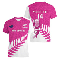 New Zealand Silver Fern Rugby Custom Women V-Neck T-Shirt Go All Black Maori Pink Version