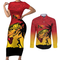 Custom Papua New Guinea Cricket Couples Matching Short Sleeve Bodycon Dress and Long Sleeve Button Shirt PNG Barramundis - Polynesian Pride
