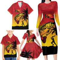 Custom Papua New Guinea Cricket Family Matching Long Sleeve Bodycon Dress and Hawaiian Shirt PNG Barramundis - Polynesian Pride
