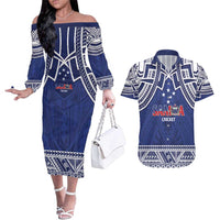 Custom Samoa Cricket Couples Matching Off The Shoulder Long Sleeve Dress and Hawaiian Shirt Go Champions Samoan - Polynesian Pride