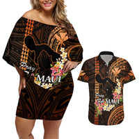 Hawaii Couples Matching Off Shoulder Short Dress and Hawaiian Shirt Pray For Maui Hawaiian Plumeria Be Strong Gold Verison LT14 Gold - Polynesian Pride