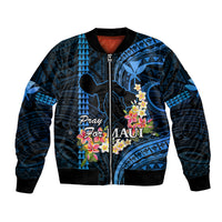 Personalised Hawaii Bomber Jacket Pray For Maui Hawaiian Plumeria Be Strong Blue Verison LT14 Unisex Blue - Polynesian Pride
