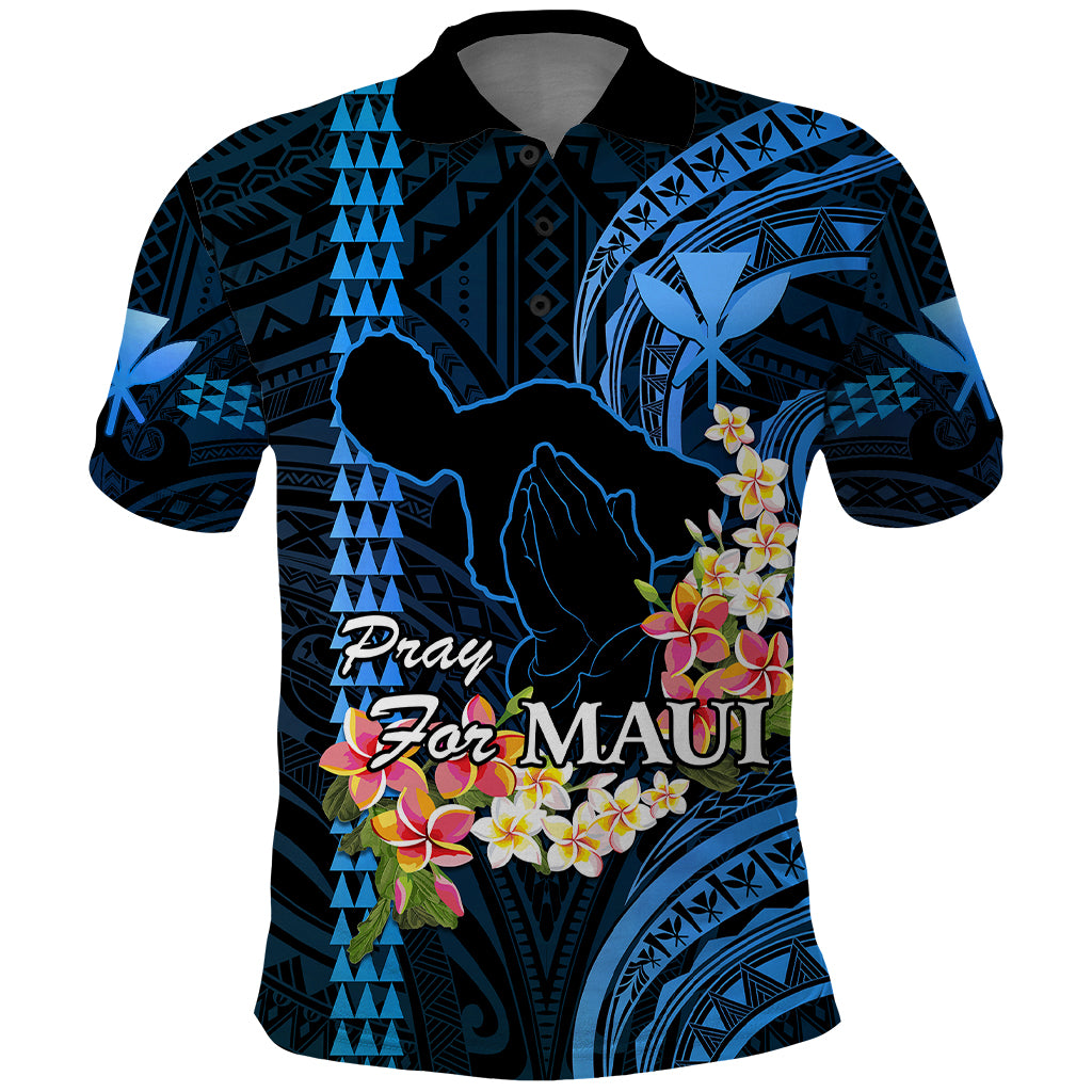 Personalised Hawaii Polo Shirt Pray For Maui Hawaiian Plumeria Be Strong Blue Verison LT14 Blue - Polynesian Pride