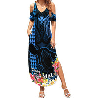 Personalised Hawaii Summer Maxi Dress Pray For Maui Hawaiian Plumeria Be Strong Blue Verison LT14 Women Blue - Polynesian Pride