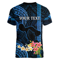 Personalised Hawaii Women V Neck T Shirt Pray For Maui Hawaiian Plumeria Be Strong Blue Verison LT14 - Polynesian Pride