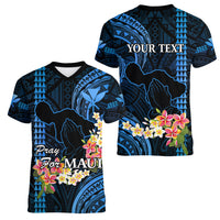 Personalised Hawaii Women V Neck T Shirt Pray For Maui Hawaiian Plumeria Be Strong Blue Verison LT14 - Polynesian Pride